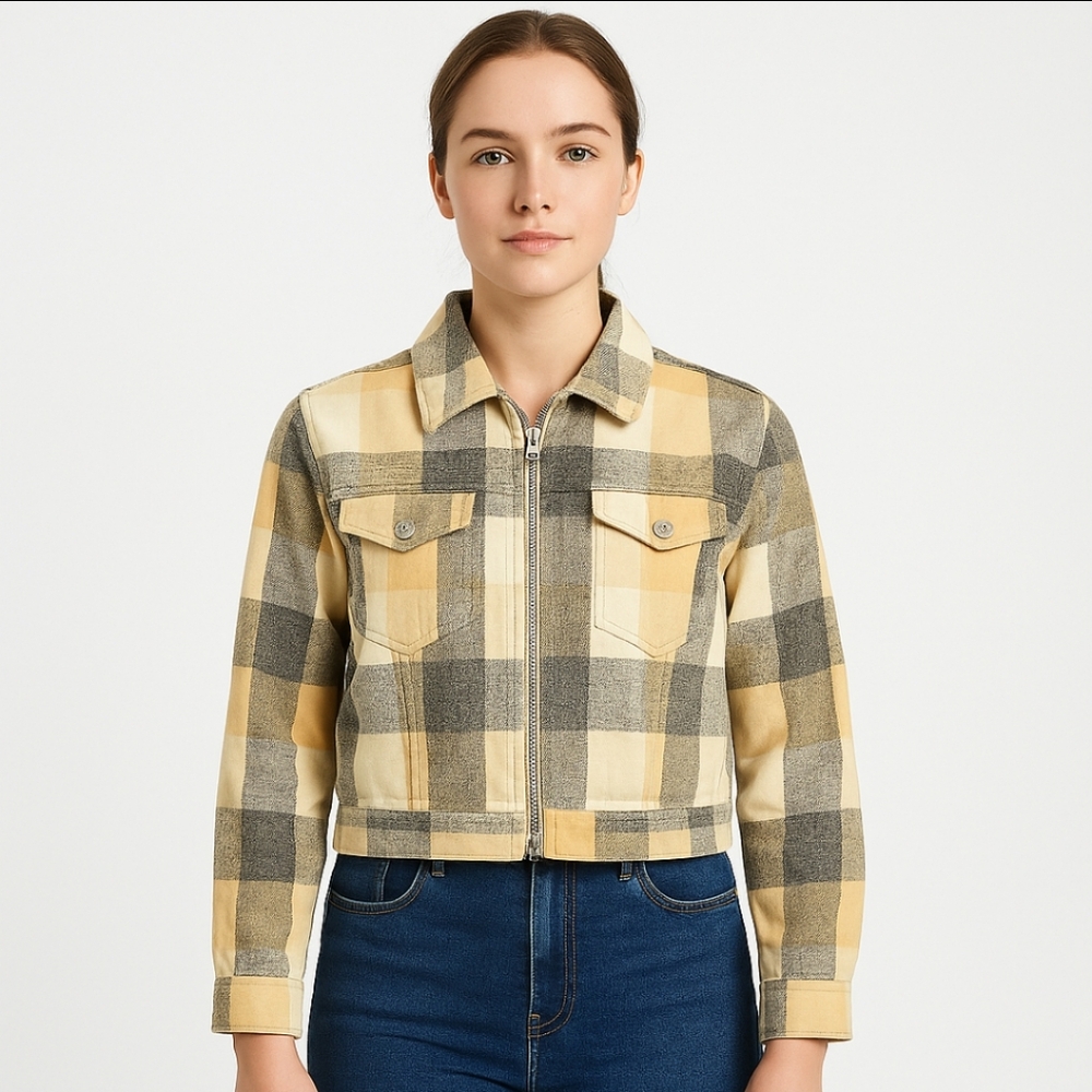 Paris Sport Club Yellow Gray Flannel Cropped Womens Shirt Sz Med
